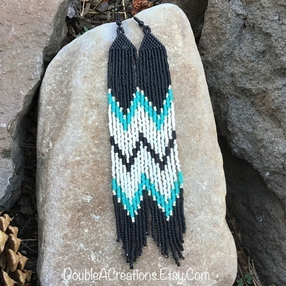 Black and Turquoise Fringed Long Earrings, New, Handmade by Me - Picture 6 of 10